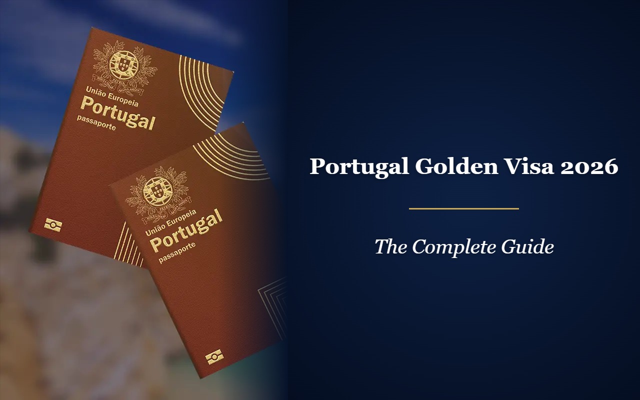 Two Portuguese passports on a Portugal coastline background with the headline Portugal Golden Visa 2026 The Complete Guide