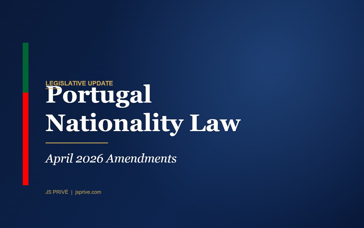 Editorial graphic reading Portugal Nationality Law April 2026 Amendments with a vertical Portuguese flag accent bar on a navy background